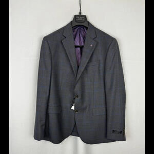 Ted Baker Jake SPJ Wool Sport Coat Blazer Grey Blue Check Size 44 R